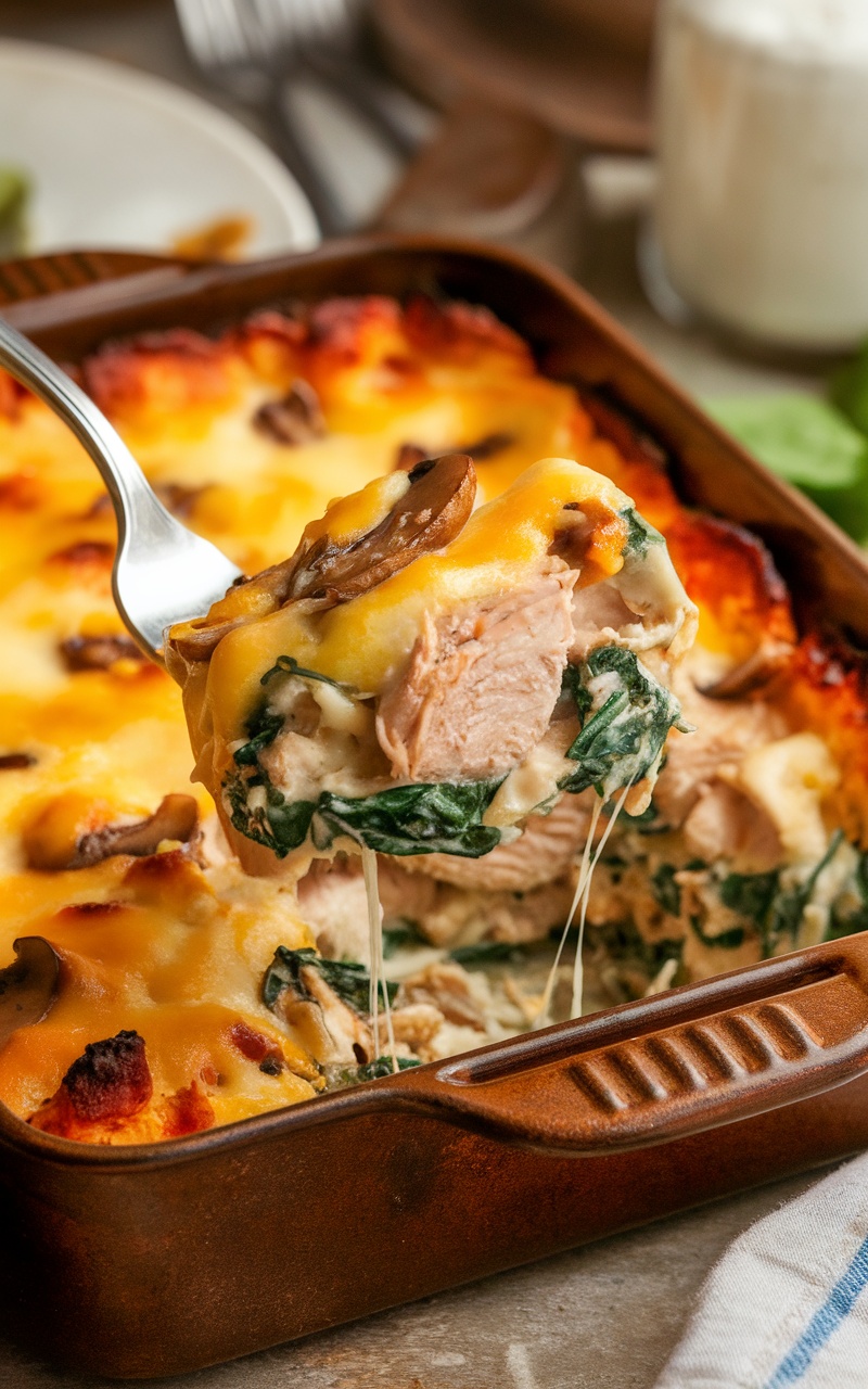 A delicious chicken, mushroom, and spinach casserole with bubbling cheese, served in a rustic dish.